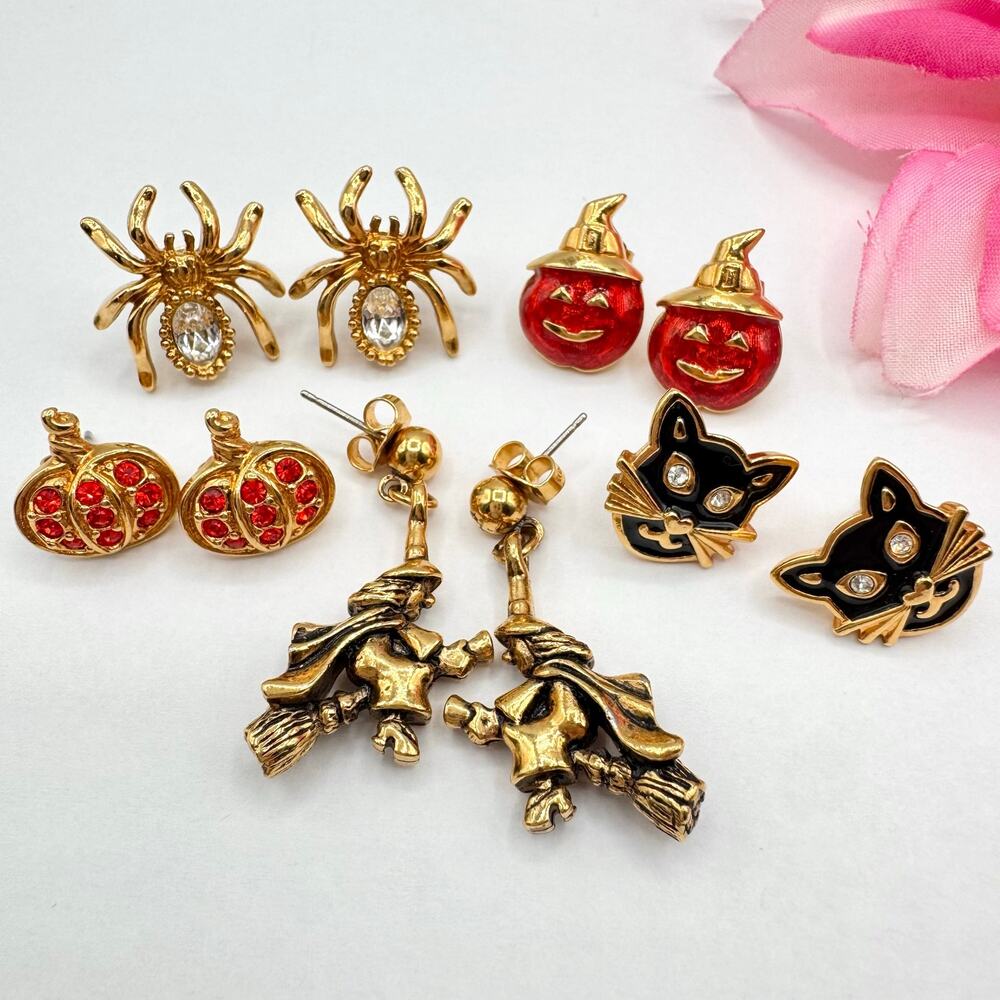 Vintage Avon Halloween Earring Lot Black Cat Spider Witch Jack O Lantern Pumpkin